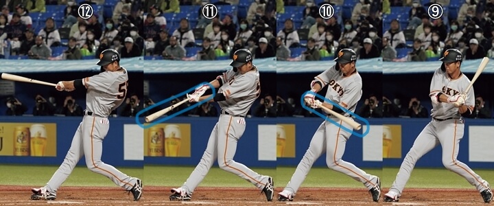 連続写真】巨人・秋広優人「力が抜けておりバットの軌道◎グリップ位置