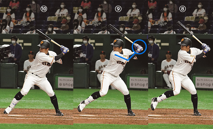 連続写真】巨人・松原聖弥「シンプルに浅めに足を上げてバットを出す